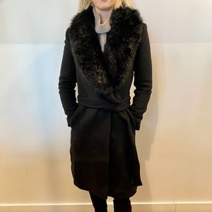 Black wool Club Monaco coat with faux fur detachable collar